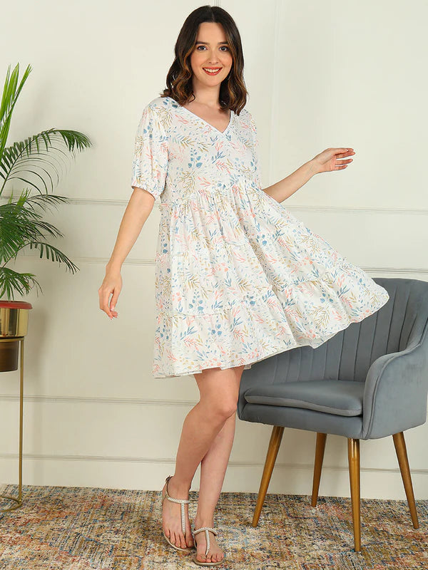 FLARED PRINTED VISCOSE RAYON DRESS