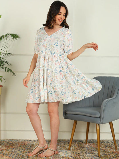 FLARED PRINTED VISCOSE RAYON DRESS