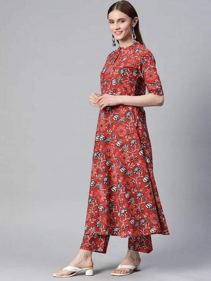 RED FLORAL PRINT PURE COTTON CALF LENGTH MANDARIN COLLAR KURTA SET