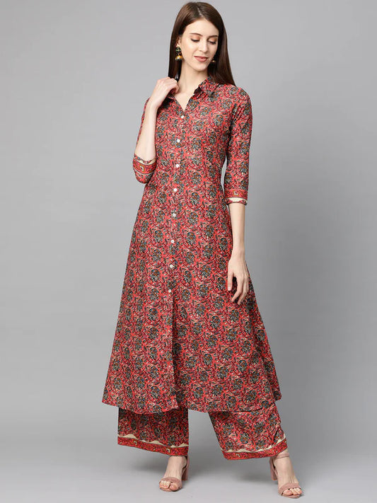 PINK PRINTED PURE COTTON CALF LENGTH COLLARED NECK KURTA SET