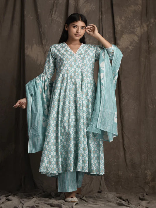 PURE COTTON V NECK 3/4 SLEEVE PRINTED KURTA SET WITH DUPATTA