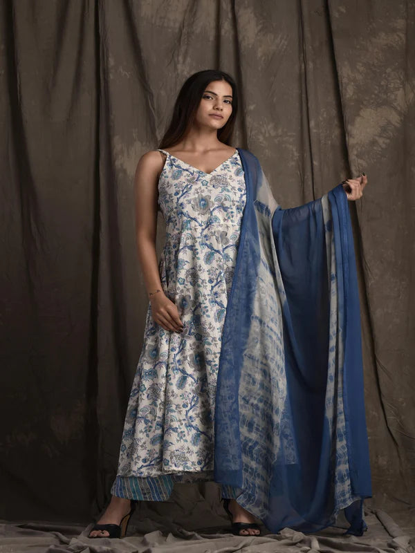 PURE COTTON V NECK SLEEVELESS PRINTED KURTA SET WITH DUPATTA