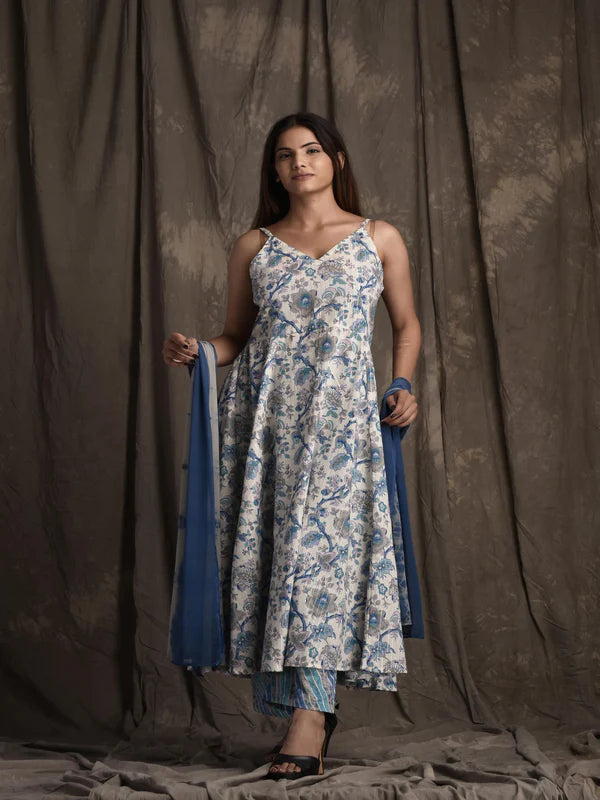 PURE COTTON V NECK SLEEVELESS PRINTED KURTA SET WITH DUPATTA