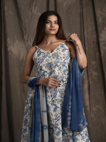 PURE COTTON V NECK SLEEVELESS PRINTED KURTA SET WITH DUPATTA