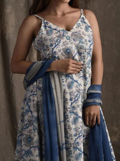 PURE COTTON V NECK SLEEVELESS PRINTED KURTA SET WITH DUPATTA