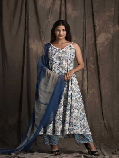 PURE COTTON V NECK SLEEVELESS PRINTED KURTA SET WITH DUPATTA