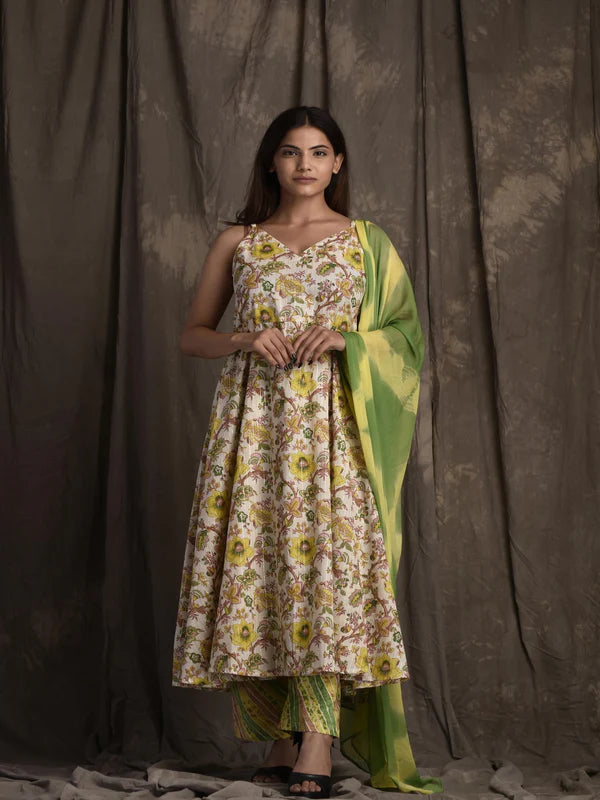 PURE COTTON V NECK SLEEVELESS PRINTED KURTA SET WITH DUPATTA