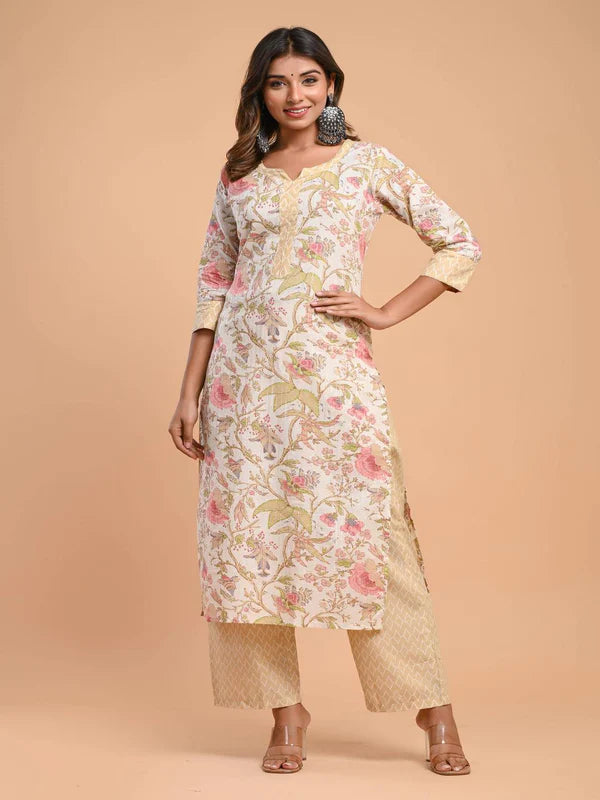 PURE COTTON ROUND NECK 3/4 SLEEVE FLORAL PRINT KURTA SET