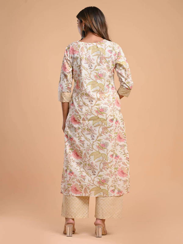 PURE COTTON ROUND NECK 3/4 SLEEVE FLORAL PRINT KURTA SET