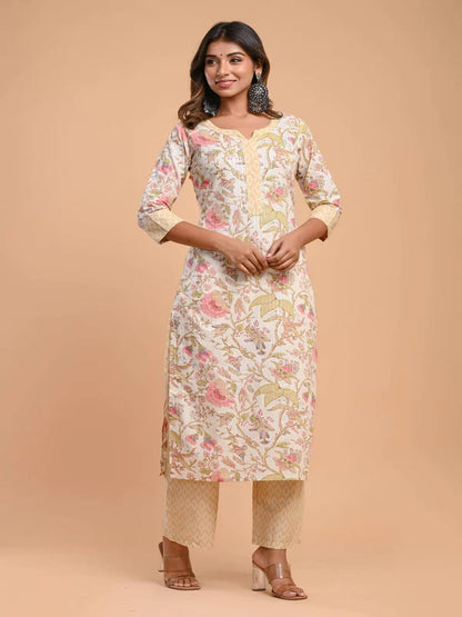 PURE COTTON ROUND NECK 3/4 SLEEVE FLORAL PRINT KURTA SET