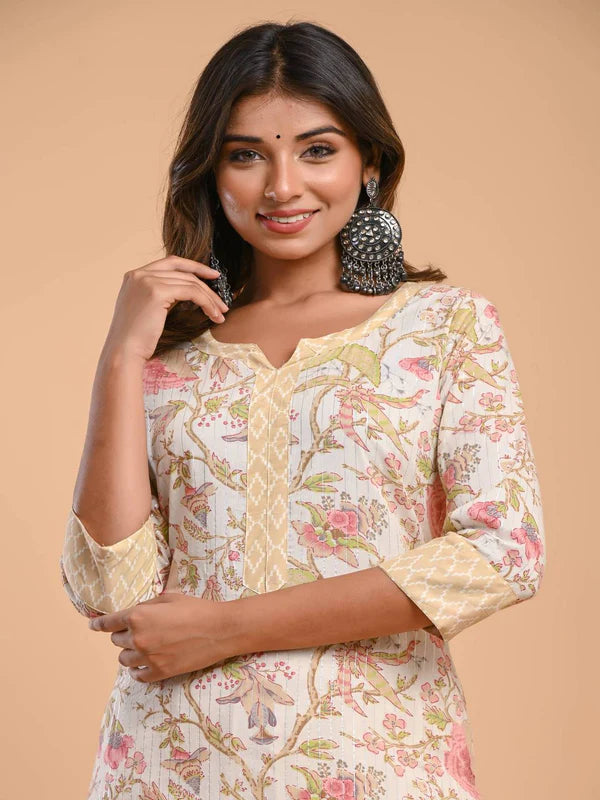 PURE COTTON ROUND NECK 3/4 SLEEVE FLORAL PRINT KURTA SET