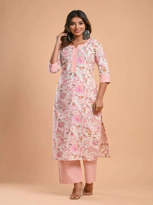 PURE COTTON ROUND NECK 3/4 SLEEVE FLORAL PRINT KURTA SET