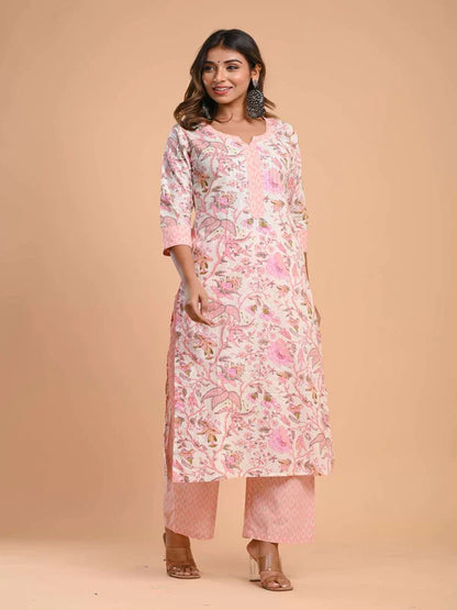 PURE COTTON ROUND NECK 3/4 SLEEVE FLORAL PRINT KURTA SET