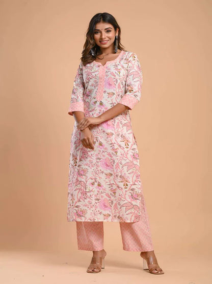 PURE COTTON ROUND NECK 3/4 SLEEVE FLORAL PRINT KURTA SET