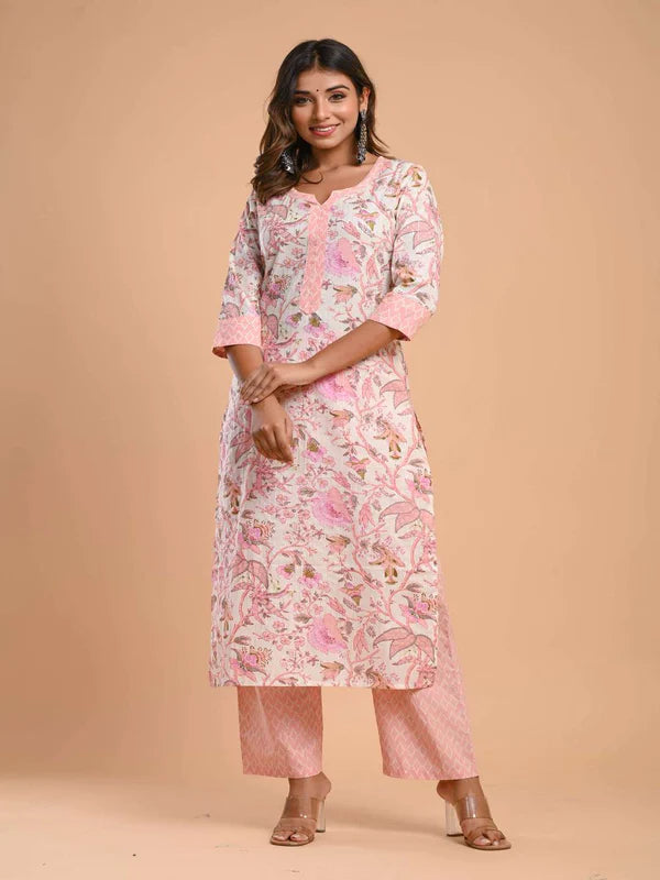 PURE COTTON ROUND NECK 3/4 SLEEVE FLORAL PRINT KURTA SET