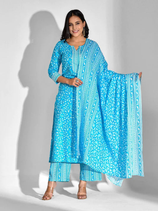 PURE COTTON FLORAL ROUND NECK KURTA SET