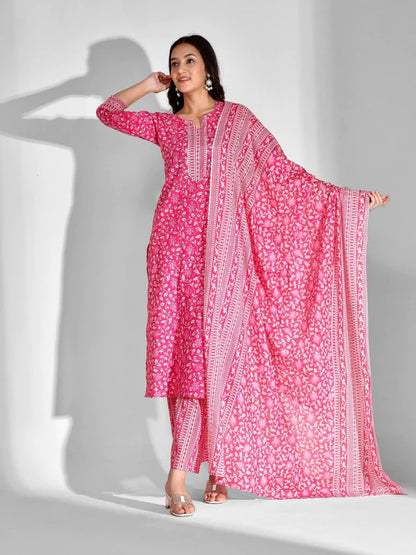 PURE COTTON FLORAL ROUND NECK KURTA SET