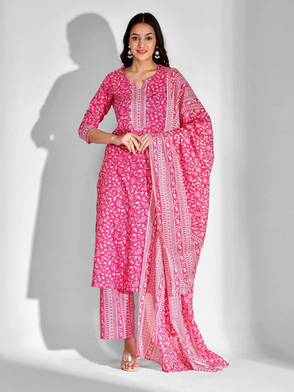 PURE COTTON FLORAL ROUND NECK KURTA SET