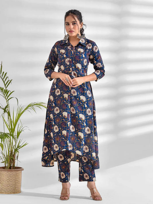 VISCOSE RAYON FLORAL COLLARED NECK KURTA SET