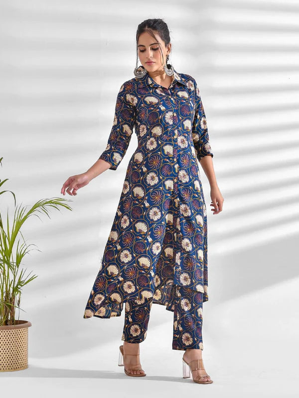 VISCOSE RAYON FLORAL COLLARED NECK KURTA SET