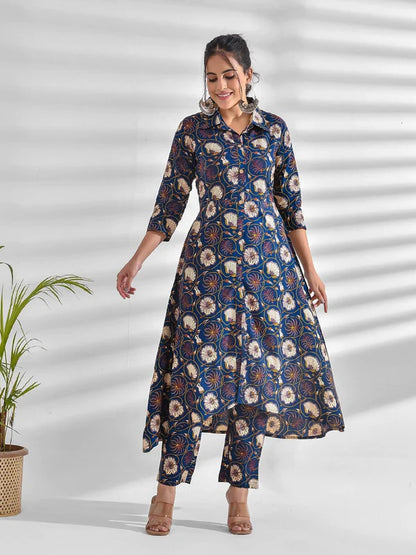 VISCOSE RAYON FLORAL COLLARED NECK KURTA SET