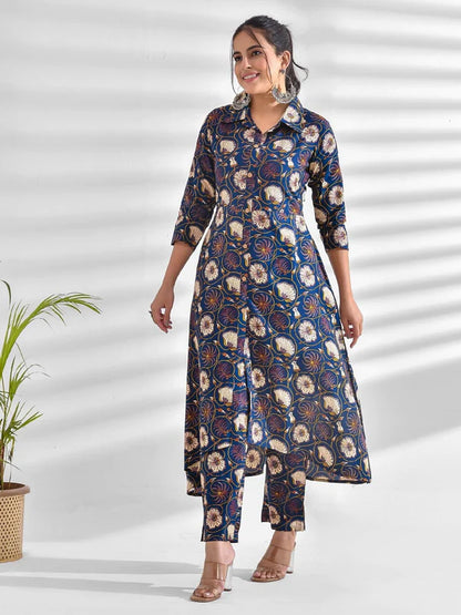 VISCOSE RAYON FLORAL COLLARED NECK KURTA SET