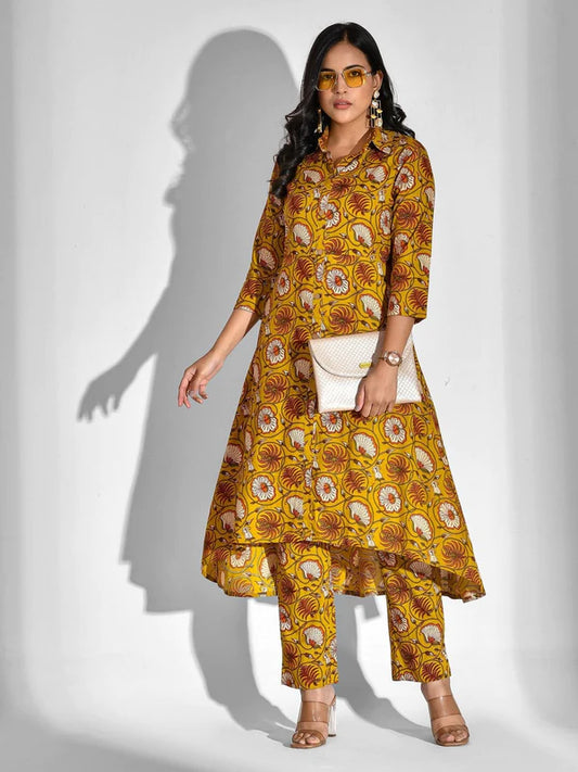 VISCOSE RAYON FLORAL COLLARED NECK KURTA SET