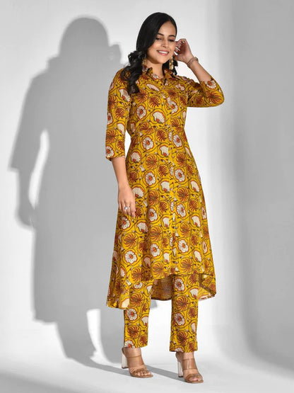 VISCOSE RAYON FLORAL COLLARED NECK KURTA SET