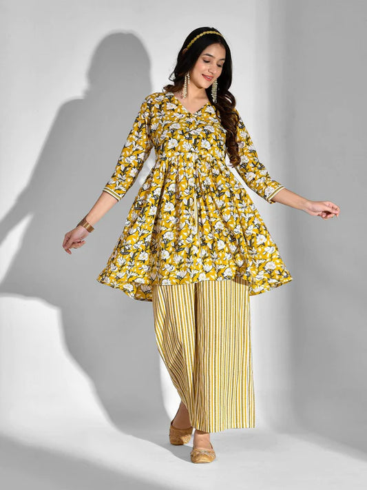 PURE COTTON FLORAL V NECK KURTA SET