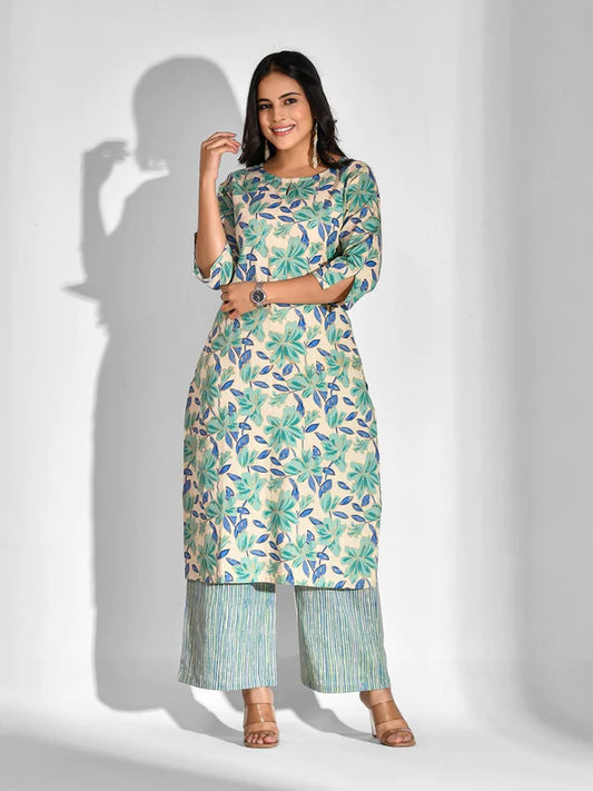 PRINTED PURE COTTON 3/4 SLEEVE KURTA AND PALAZZO SET