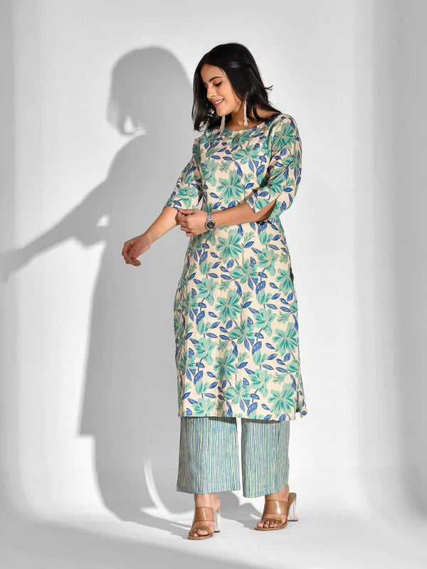 PRINTED PURE COTTON 3/4 SLEEVE KURTA AND PALAZZO SET