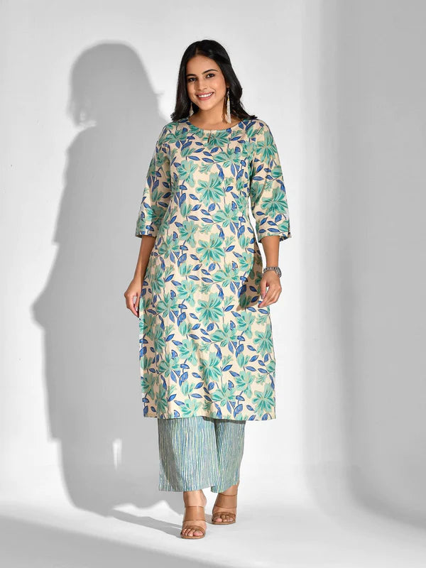 PRINTED PURE COTTON 3/4 SLEEVE KURTA AND PALAZZO SET