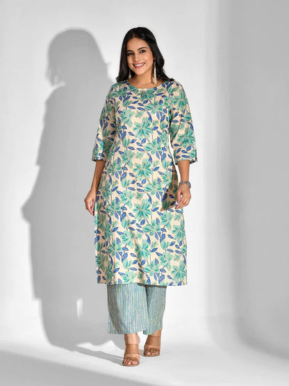 PRINTED PURE COTTON 3/4 SLEEVE KURTA AND PALAZZO SET