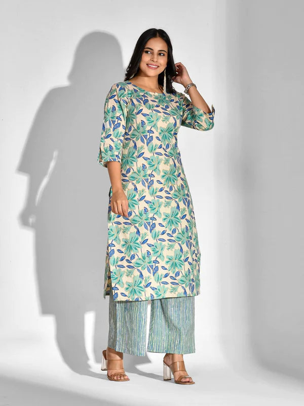 PRINTED PURE COTTON 3/4 SLEEVE KURTA AND PALAZZO SET