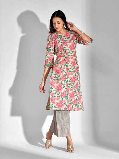 PRINTED PURE COTTON 3/4 SLEEVE KURTA AND PALAZZO SET