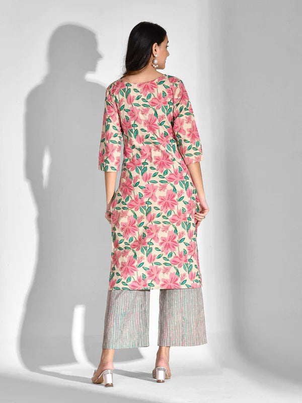 PRINTED PURE COTTON 3/4 SLEEVE KURTA AND PALAZZO SET