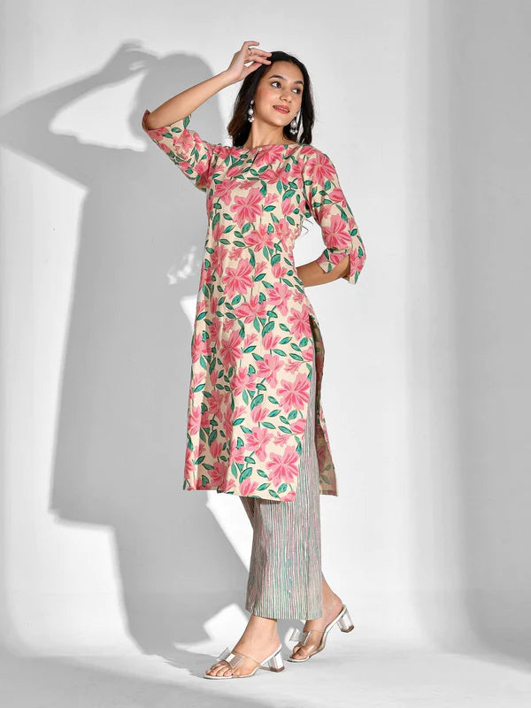 PRINTED PURE COTTON 3/4 SLEEVE KURTA AND PALAZZO SET