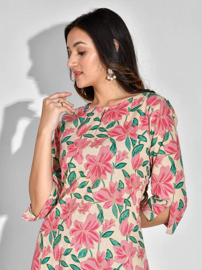 PRINTED PURE COTTON 3/4 SLEEVE KURTA AND PALAZZO SET