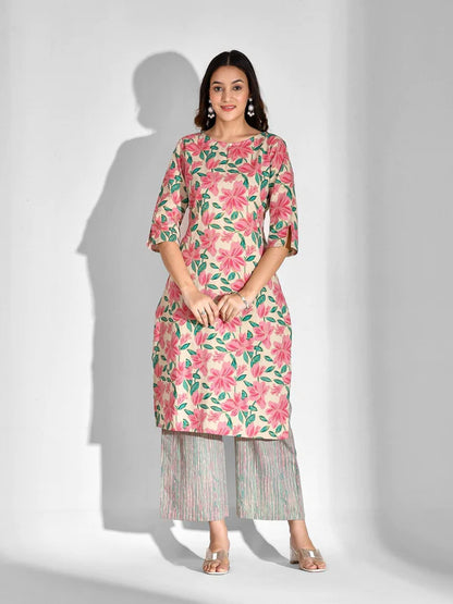 PRINTED PURE COTTON 3/4 SLEEVE KURTA AND PALAZZO SET