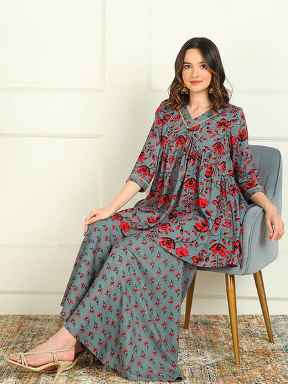 PRINTED VISCOSE RAYON 3/4 SLEEVE KURTI AND SHARARA SET