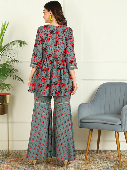 PRINTED VISCOSE RAYON 3/4 SLEEVE KURTI AND SHARARA SET