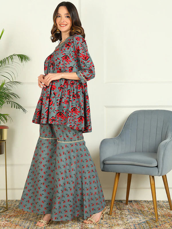 PRINTED VISCOSE RAYON 3/4 SLEEVE KURTI AND SHARARA SET