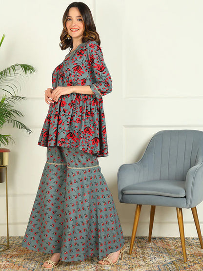 PRINTED VISCOSE RAYON 3/4 SLEEVE KURTI AND SHARARA SET