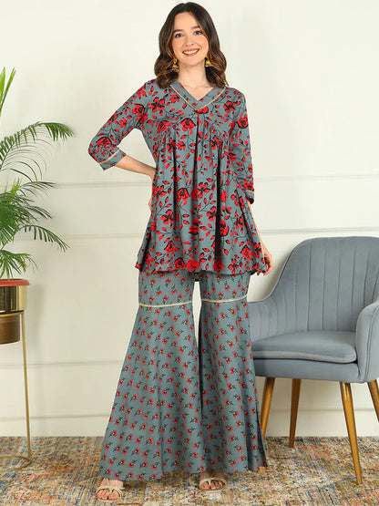 PRINTED VISCOSE RAYON 3/4 SLEEVE KURTI AND SHARARA SET