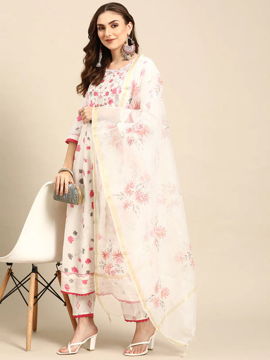 EMBROIDERED LONG A-LINE COTTON KURTA SET WITH DUPATTA