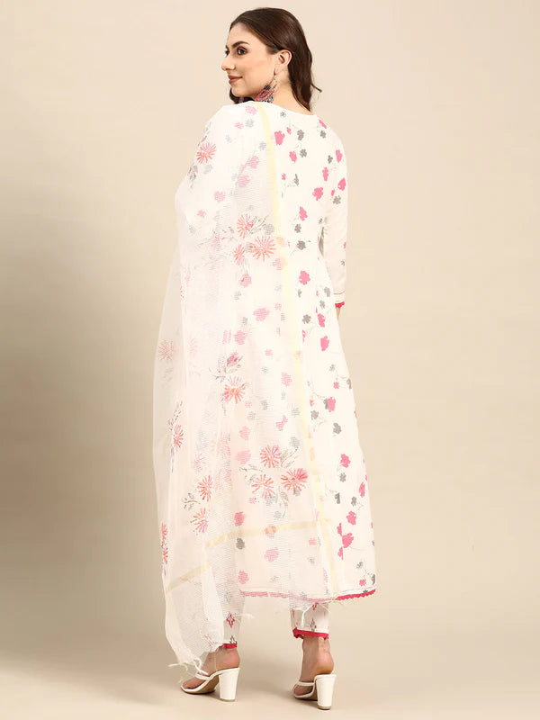 EMBROIDERED LONG A-LINE COTTON KURTA SET WITH DUPATTA