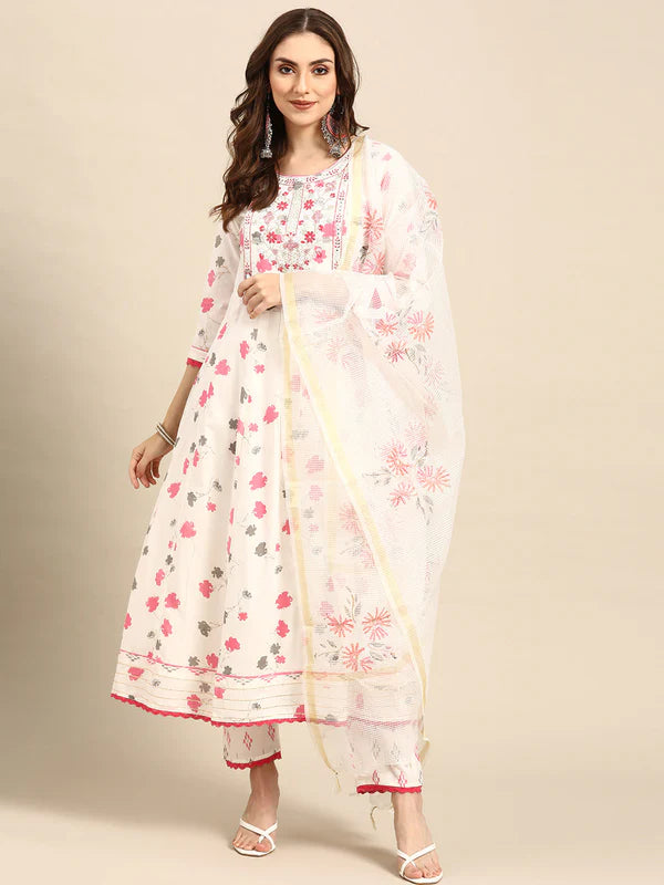 EMBROIDERED LONG A-LINE COTTON KURTA SET WITH DUPATTA