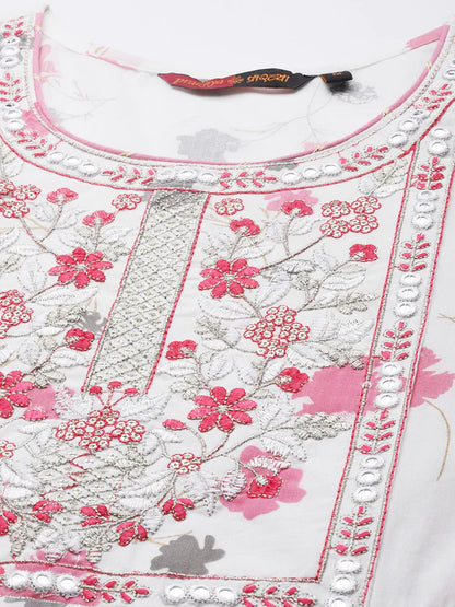 EMBROIDERED LONG A-LINE COTTON KURTA SET WITH DUPATTA