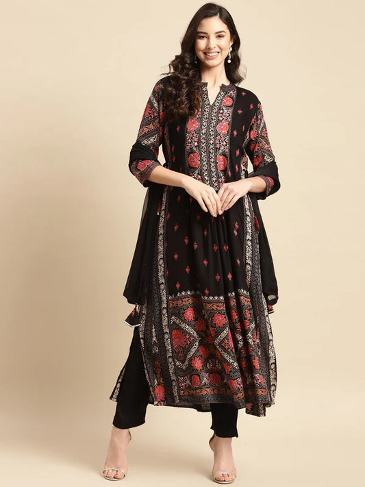 BLACK PRINTED LONG STRAIGHT RAYON KURTA SET WITH DUPATTA