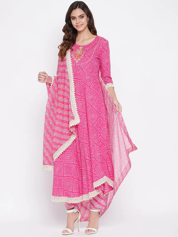 EMBROIDERED LONG A-LINE COTTON KURTA SET WITH DUPATTA